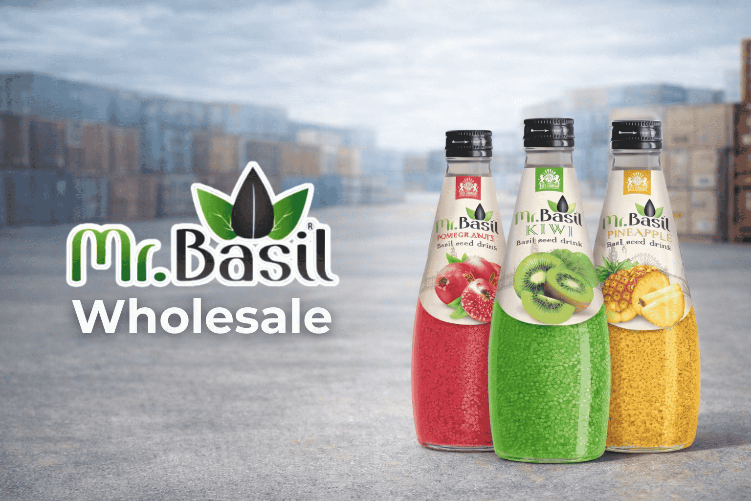 Product lineup of Mr. Basil basil seed drinks with colorful fruit labels, photographed on a concrete surface with containers softly out of focus behind.